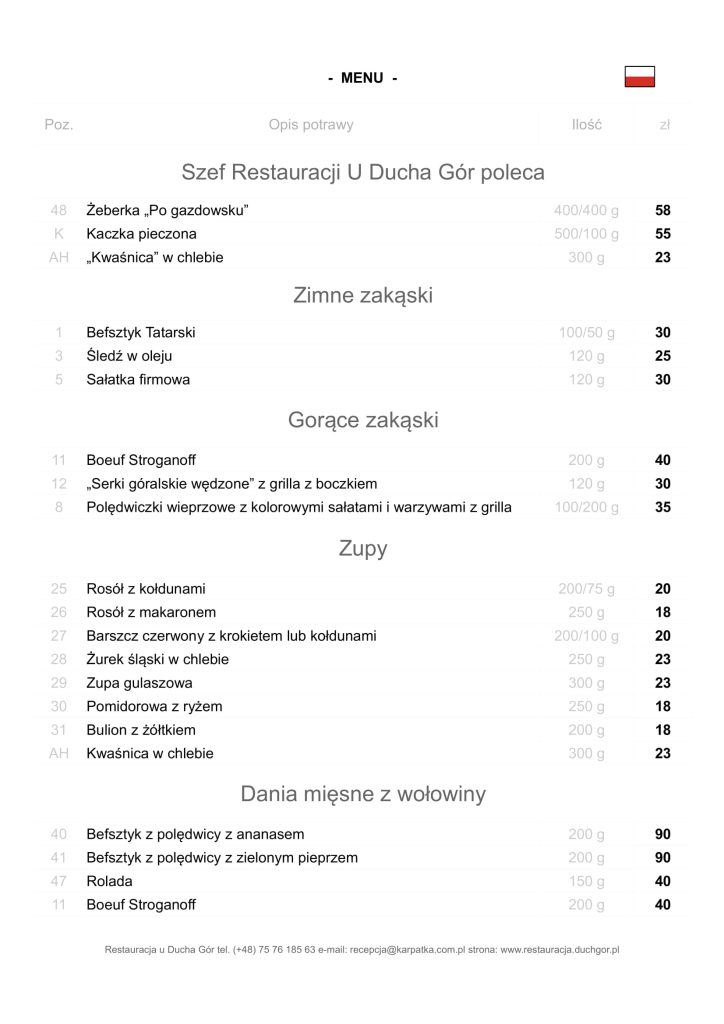 Restauracja u Ducha Gór - menu 1 wersja pl