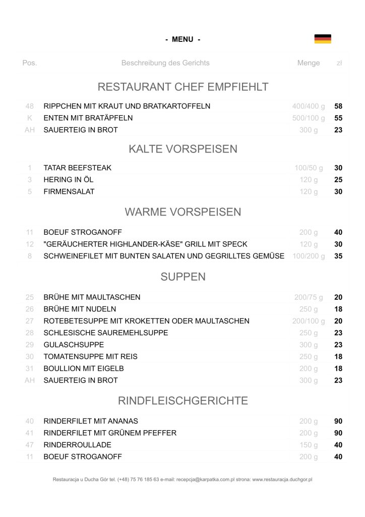 Restauracja u Ducha Gór - menu 1 wersja de