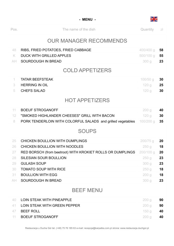 Restauracja u Ducha Gór - menu 1 wersja en