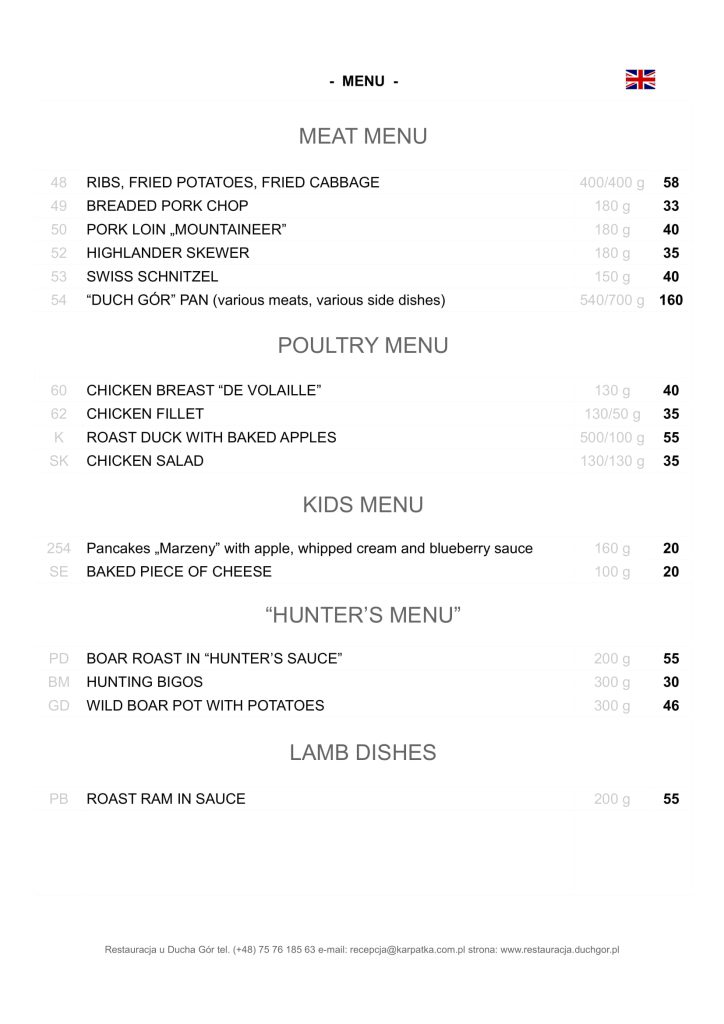 Restauracja u Ducha Gór - menu 2 wersja en
