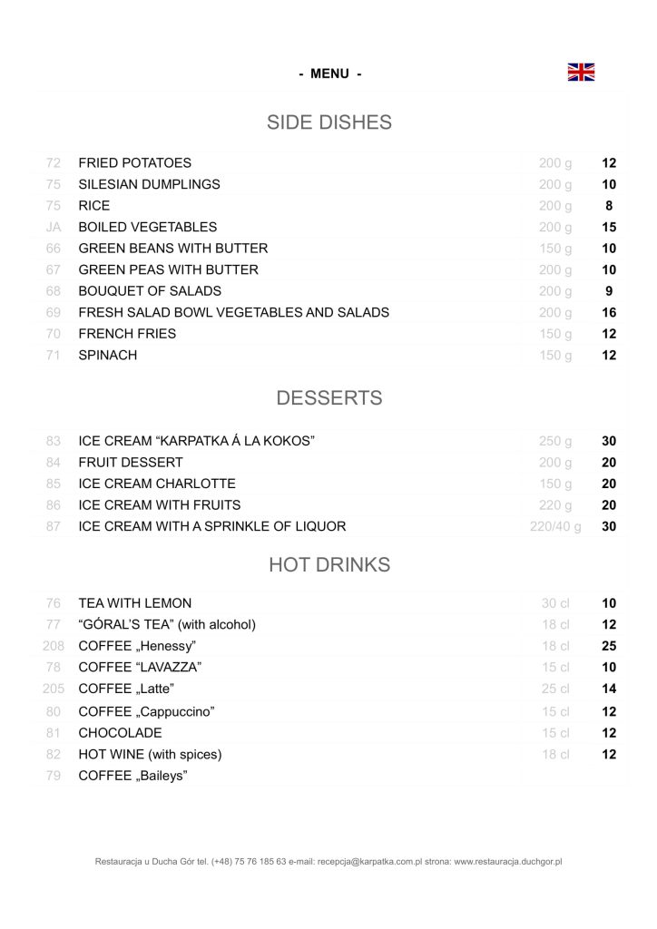 Restauracja u Ducha Gór - menu 3 wersja en